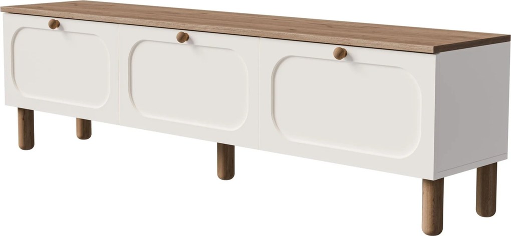 Moderný TV stolík s úložným priestorom - TV skrinka biela/dub s MDF membránovými dvierkami 180 cm