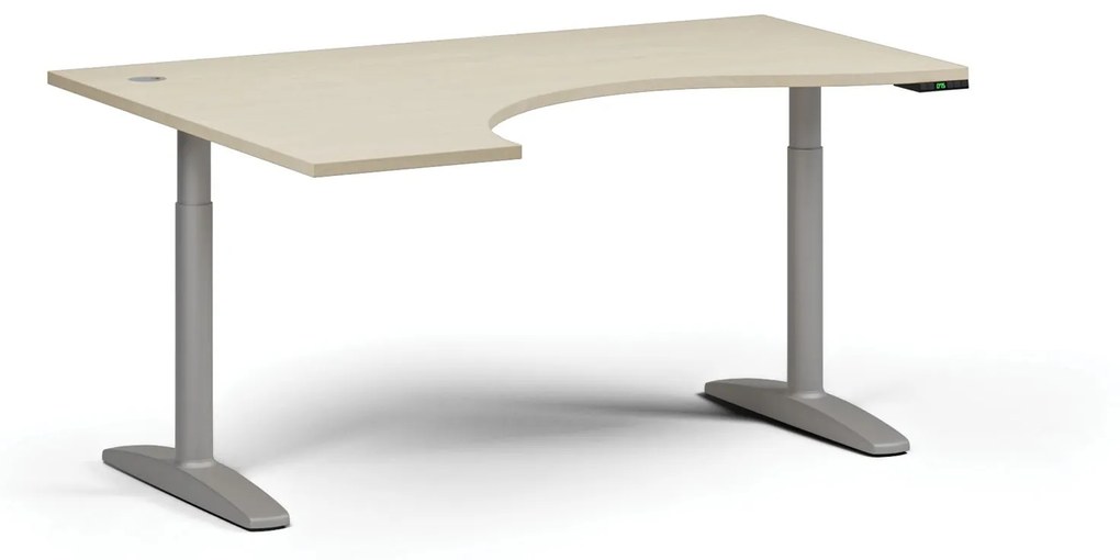 Výškovo nastaviteľný stôl OBOL, elektrický, 675-1325 mm, ergonomický ľavý, doska 1600x1200 mm, sivá zaoblená podnož, buk