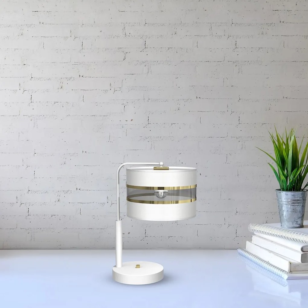 Stolná lampa Ultimo, 1x biele/zlaté textilné tienidlo, w