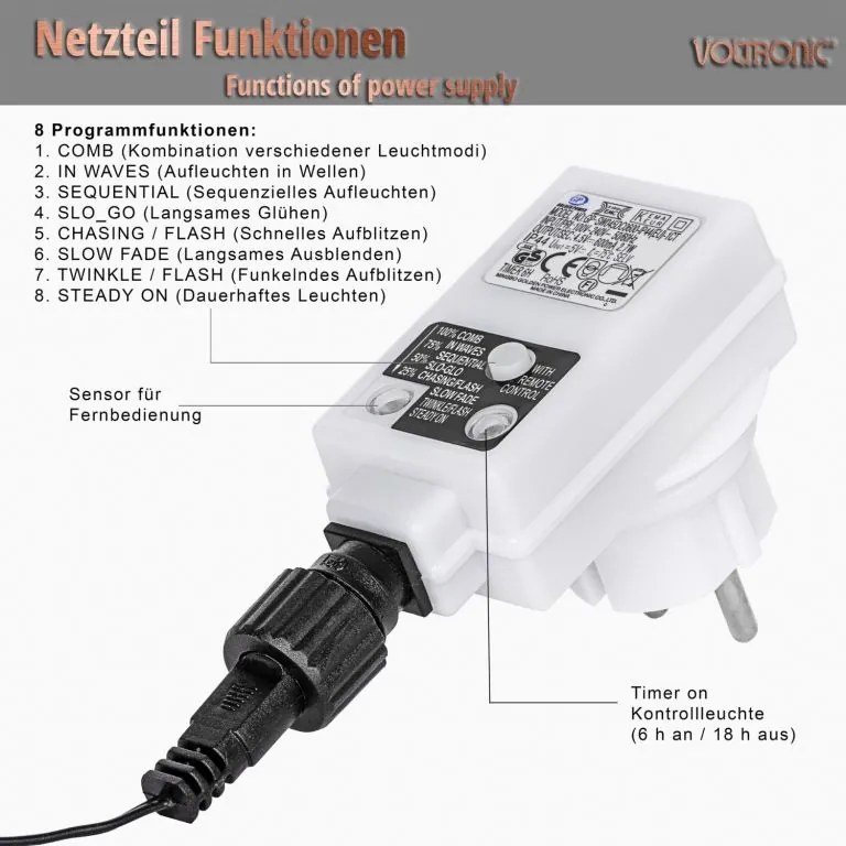 VOLTRONIC LED breza,8 funkcií s ovládačom,teplá biela,150 cm