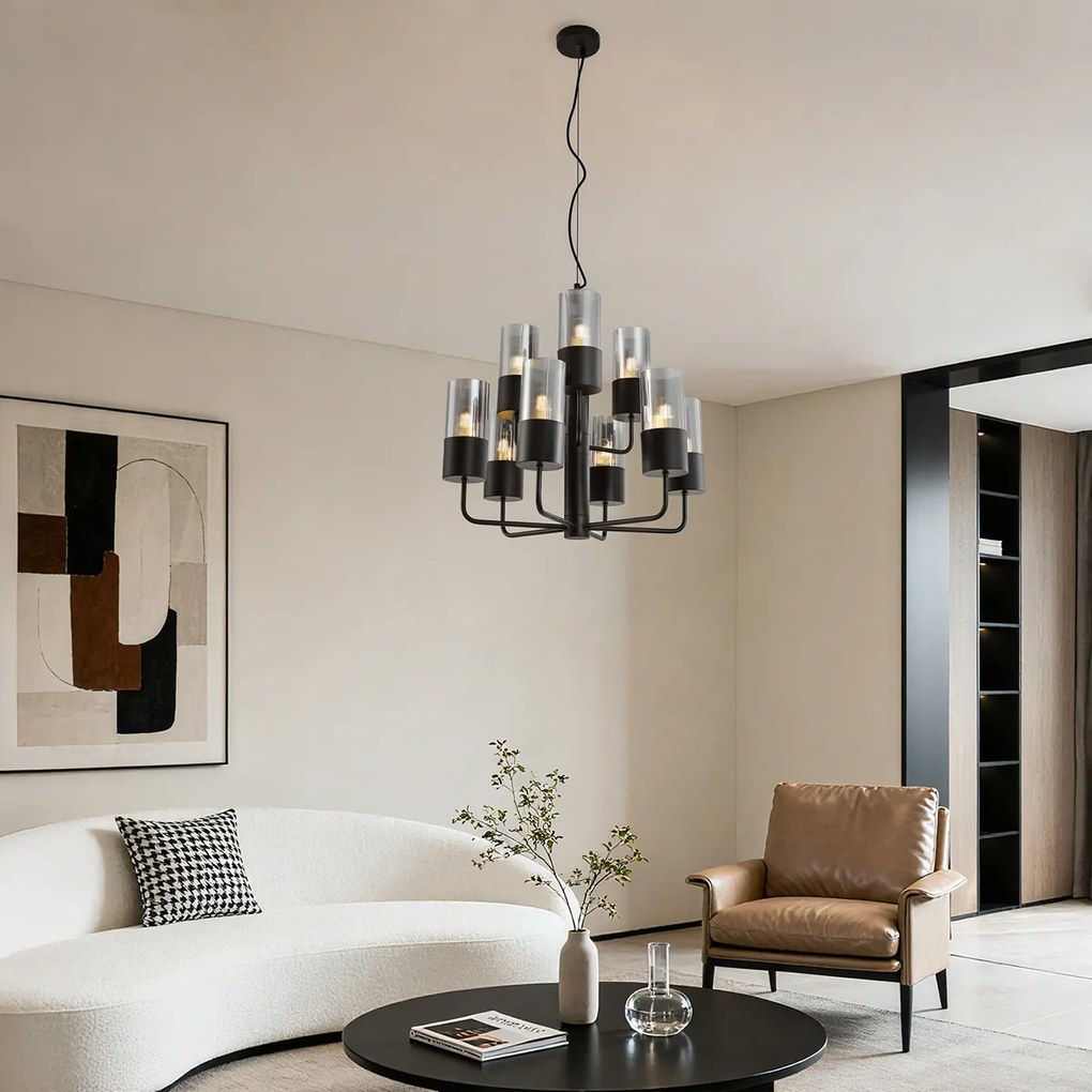 Moderný luster čierny s dymovým sklom 9-svetiel - Laura
