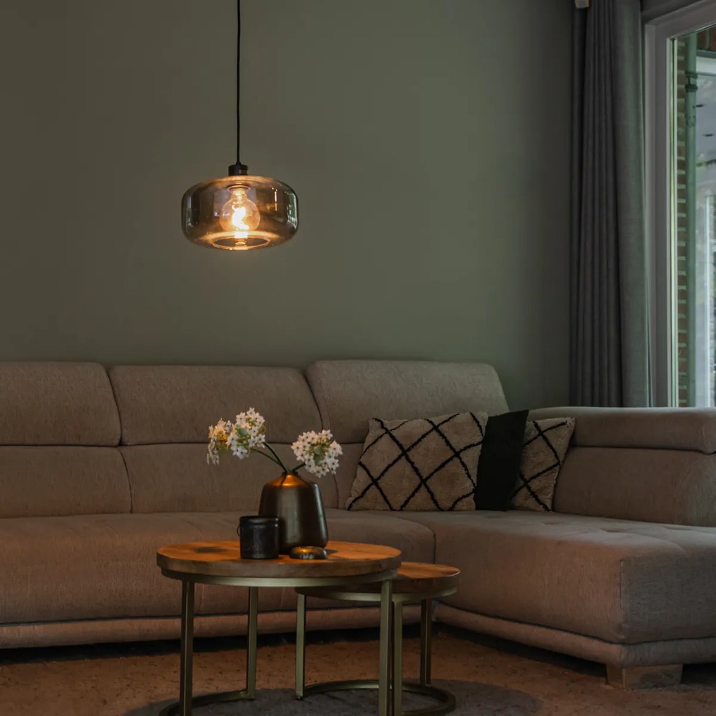 Závesné svietidlo v štýle Art Deco čierne s dymovým sklom - Bizle