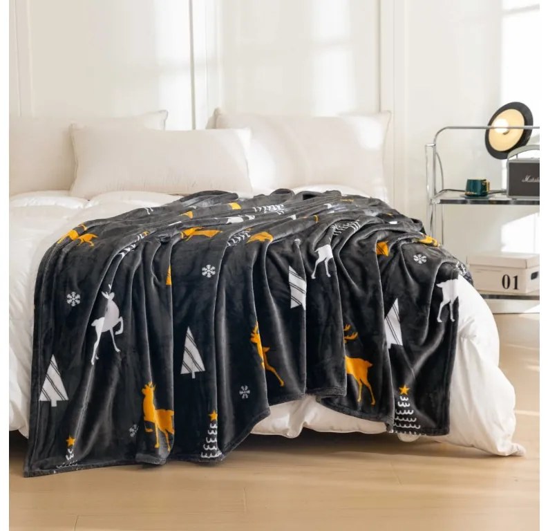 2x Tmavosivá vianočná mikroplyšová deka WHITE TREES 150x200 cm