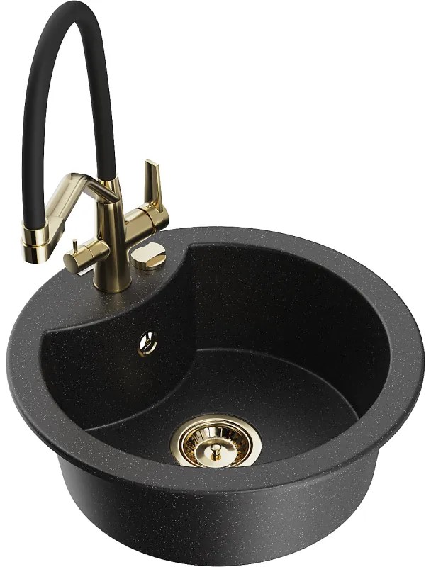 Mexen Diego, 1-komorový granitový drez 488x488x167 mm a drezová batéria Duo, čierna-strieborná metalíza, 6512-73-671701-57-G