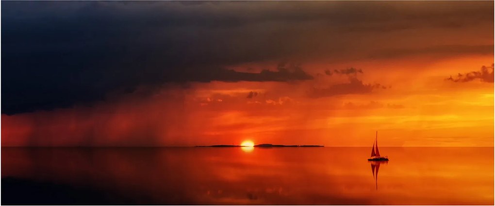 Obraz západu slnka s plachetnicou (120x50 cm)
