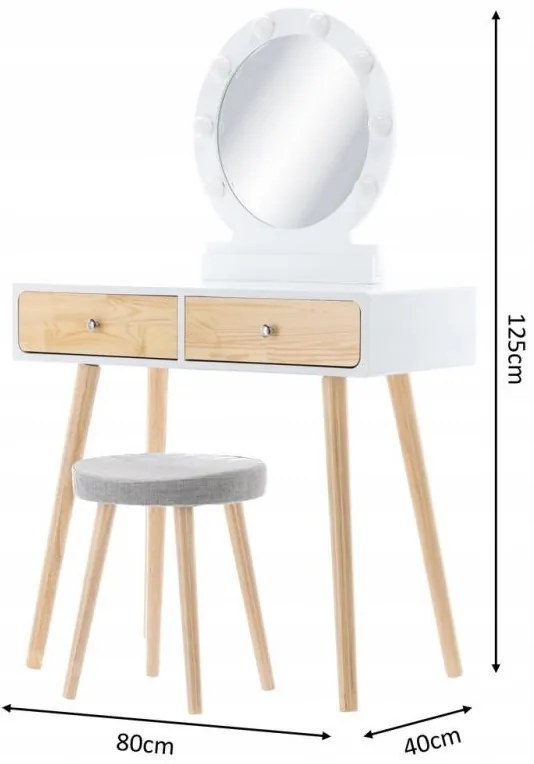 Biely drevený toaletný stolík s LED zrkadlom a taburetkou