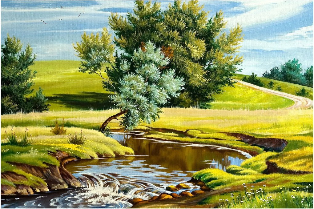 Obraz - Rieka medzi lúkami, olejomaľba (90x60 cm)