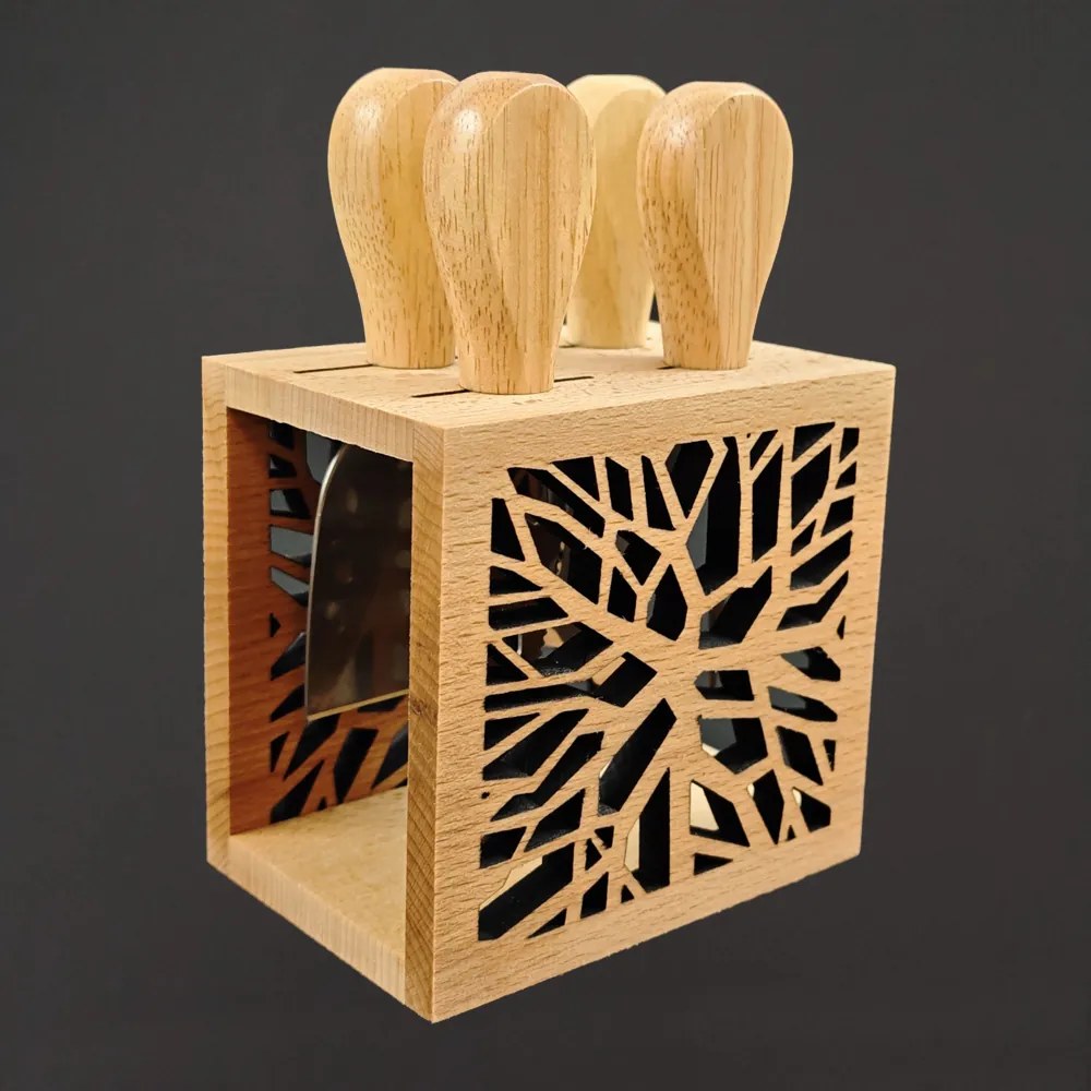 AMADEA Drevený syrový set s motívom vetvičky, masívne drevo, 15,5 cm