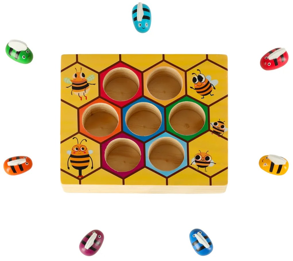 KIK Montessori drevená vzdelávacia hra Včely – farebné včielky na rozvoj motoriky