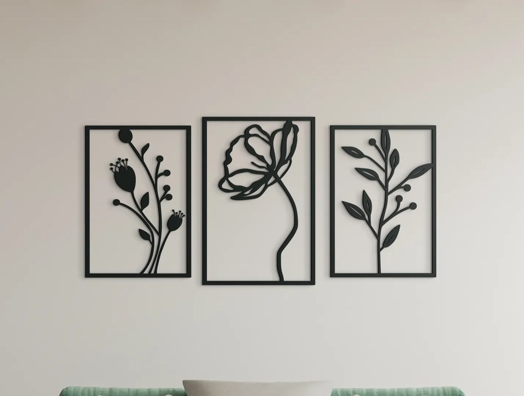 drevko 3-dielna drevená dekorácia Poľné kvety Rozmer obrazu: 31 x 65 cm, Farba dekorácie: Čierna