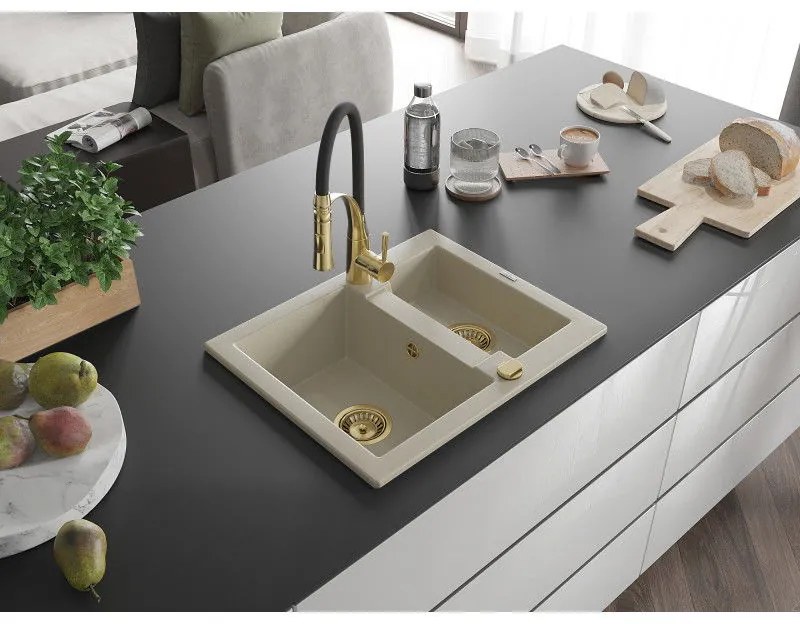 Mexen Carlos, 1,5-komorový granitový drez 582x475x177 mm a drezová batéria Aster, béžová, 6518-69-73450-57-G