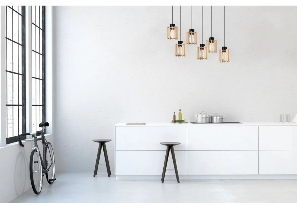 Závesné svietidlo Timber 7, 6x drevené tienidlo