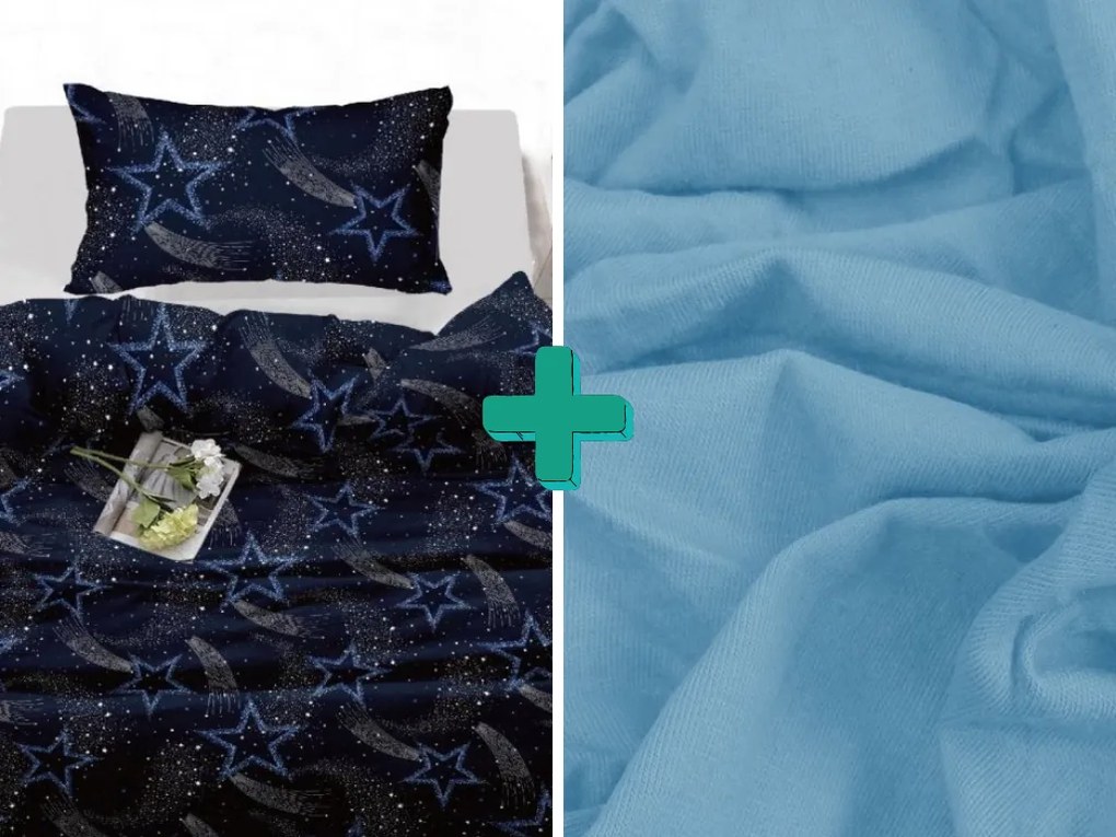 Bavlnené obliečky KOMETA tmavomodré + plachta jersey EXCLUSIVE 90x200 cm svetlomodrá