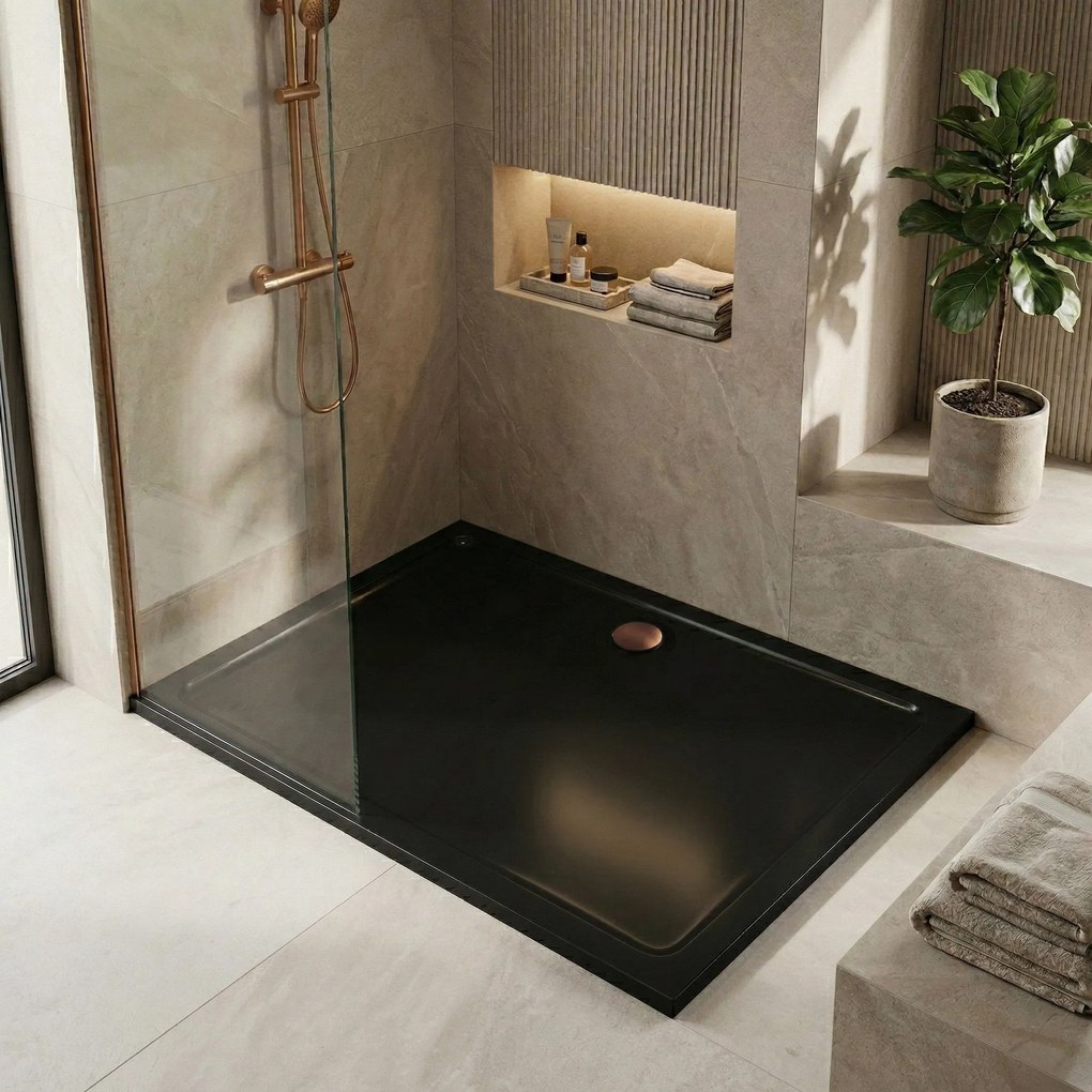 Rea Savoy, sprchová vanička 100x80x6 cm + sifón s chrómovou krytkou, čierna lesklá, REA-K4087