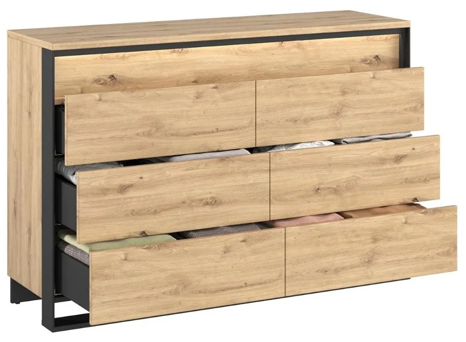 KOMODA MAXIMO DUB ARTISAN / ČIERNA 130 cm LED