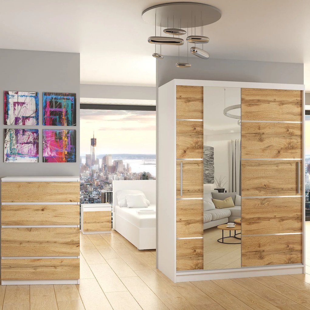 Šatníková skriňa 133 cm Belini biely mat / dub wotan s posuvnými dverami zrkadlom a zásuvkami  MBP SZP6/1/W/DW/0/KLAL