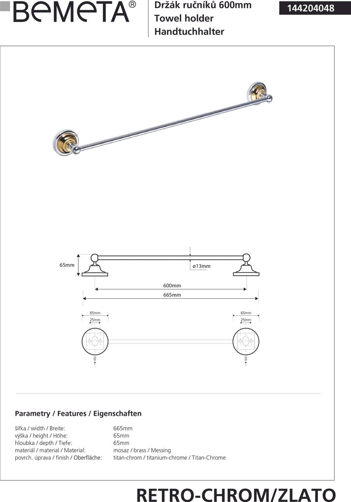 Bemeta Design RETRO gold-chrom: Držiak uterákov, 600 mm - 144204048