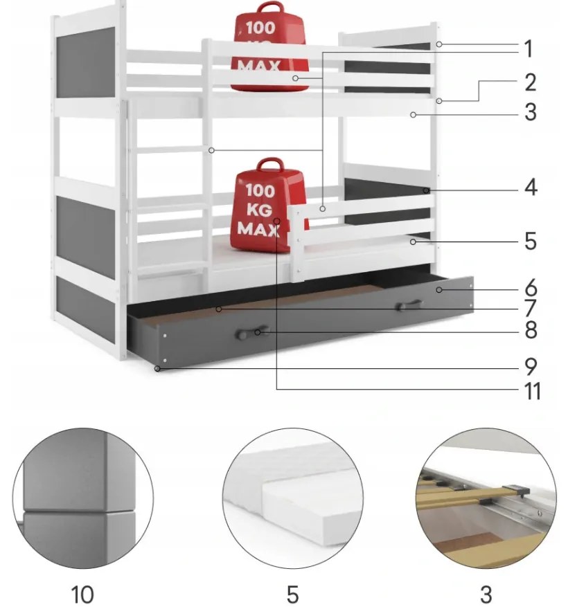 Interbeds Rico poschodová posteľ 160cm x 80cm borovicové drevo bielo-sivá