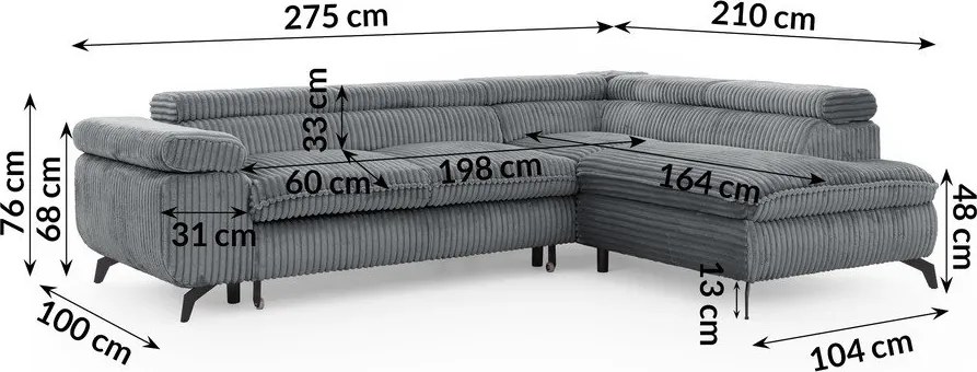 Sivá menčestrová rohová pohovka (pravý roh/do L) Marbeya – Ropez