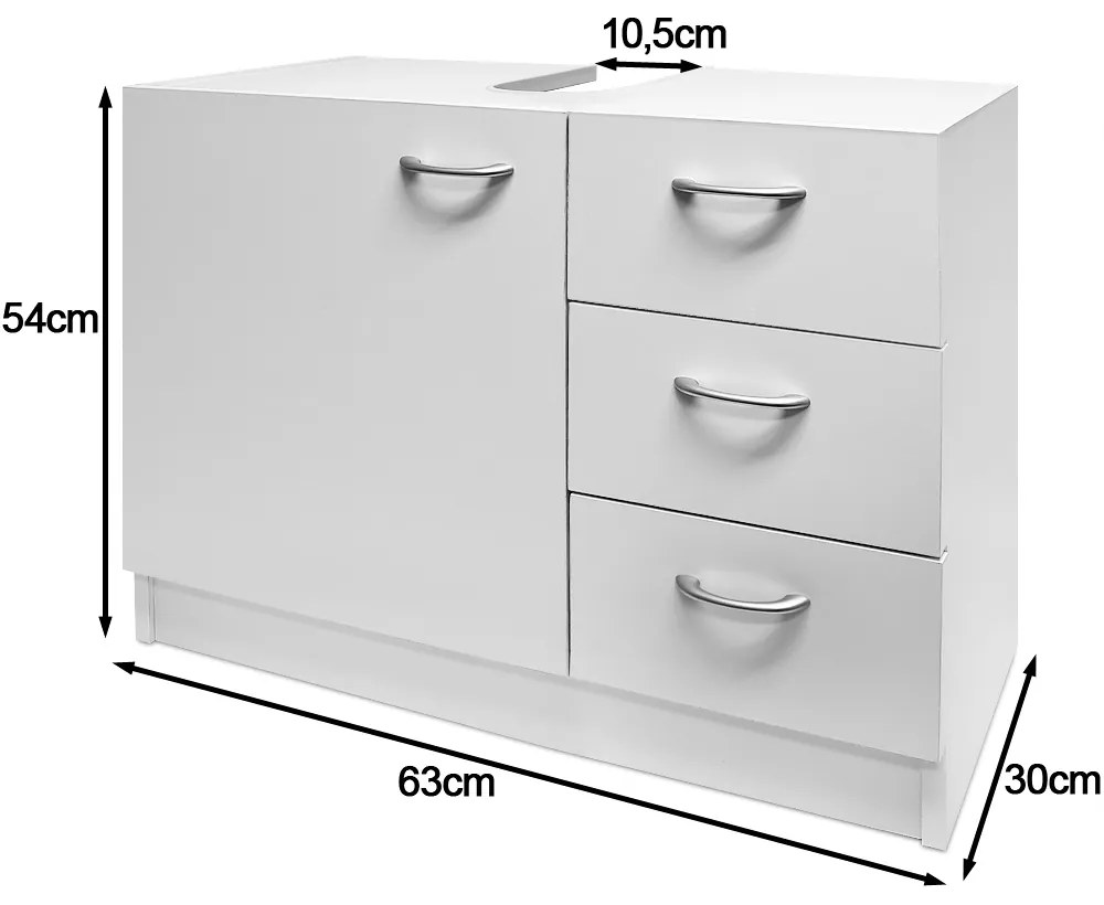 Casaria Skrinka pod umývadlo s 3 zásuvkami SILKE, 63x30x54cm, biela