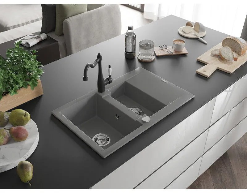 Mexen Gaspar, 1,5-komorový granitový drez 737x475x177 mm a drezová batéria Carla, šedá, 6507-71-670700-70