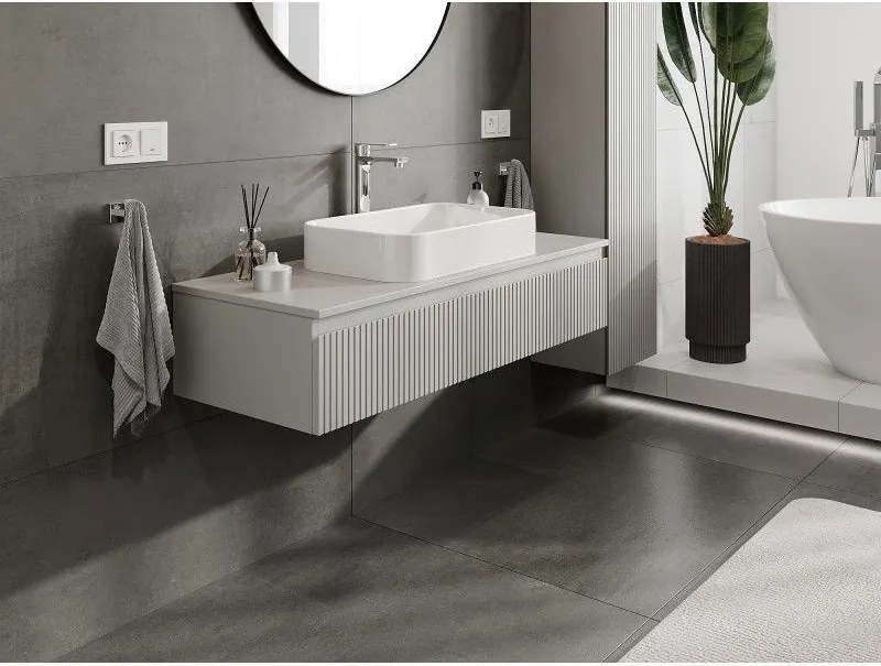 Mexen Rivel, kúpeľňová skrinka 120 cm s pracovnou doskou, 1 zásuvka, drážkovaná, matná sivá, 91A20-12023-1-BFC62