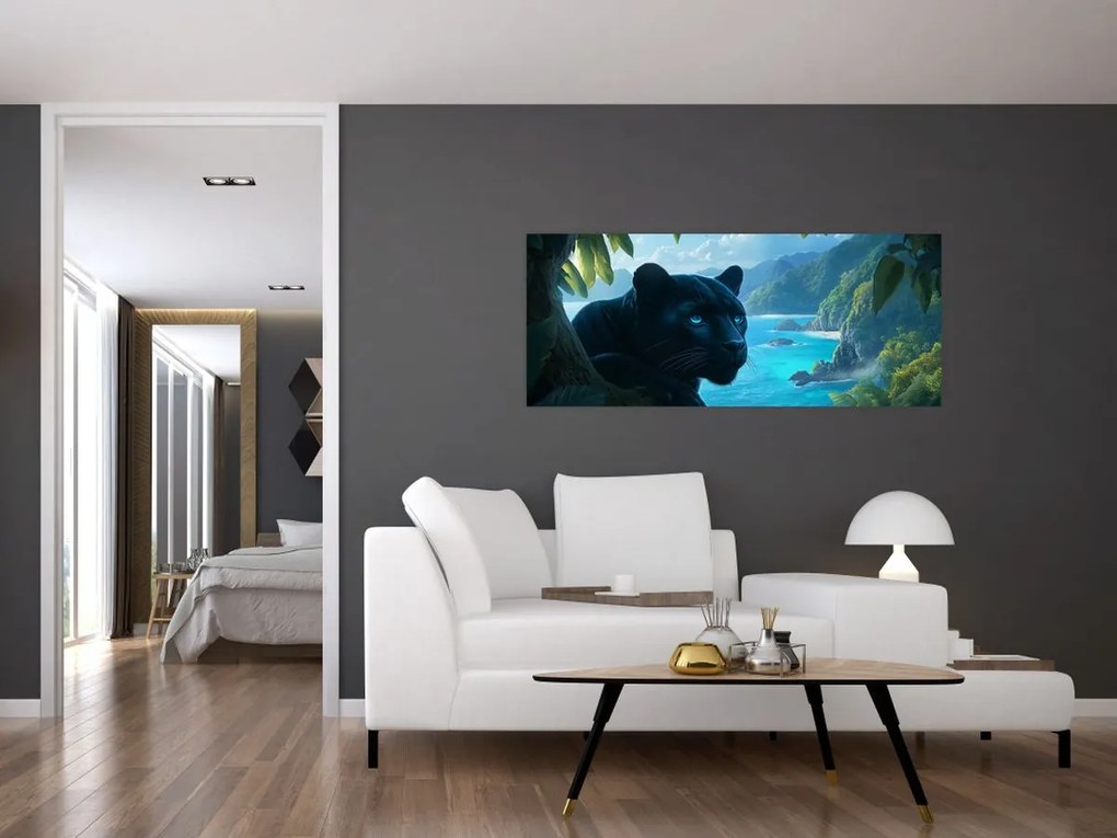 Obraz - Čierny panter v džungli (120x50 cm)