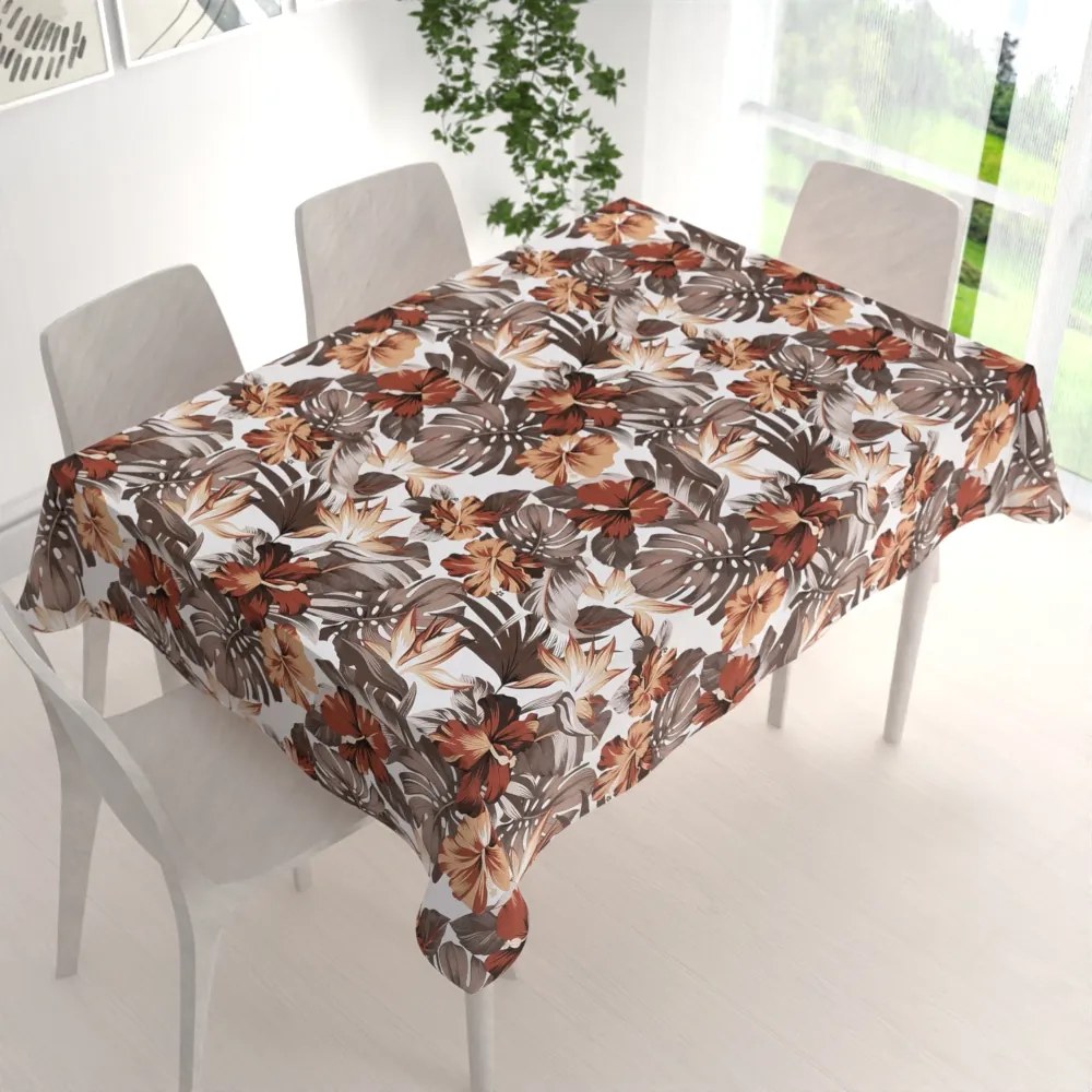 Biante Bavlnený obdĺžnikový obrus Sandra SA-441 Hnedo-tehlové kvety a listy monstery 140x180 cm