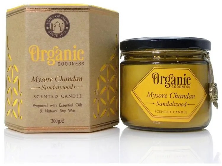 Organická sviečka Mysore Chandan - Sandalwood 200 g v jantárovom skle
