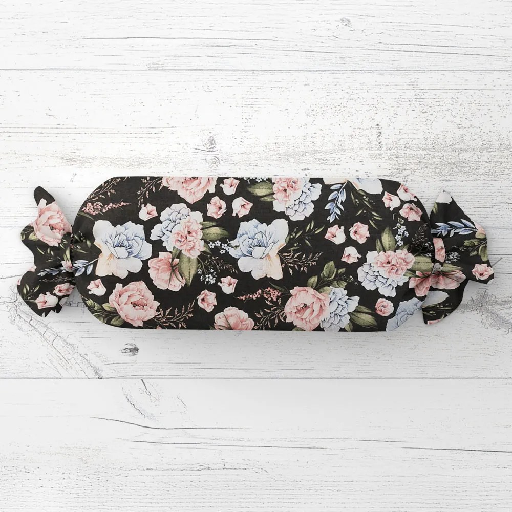 Biante Vankúš valec bonbon Sandra SA-449 Modro-ružové kvety na čiernom 15x40 cm