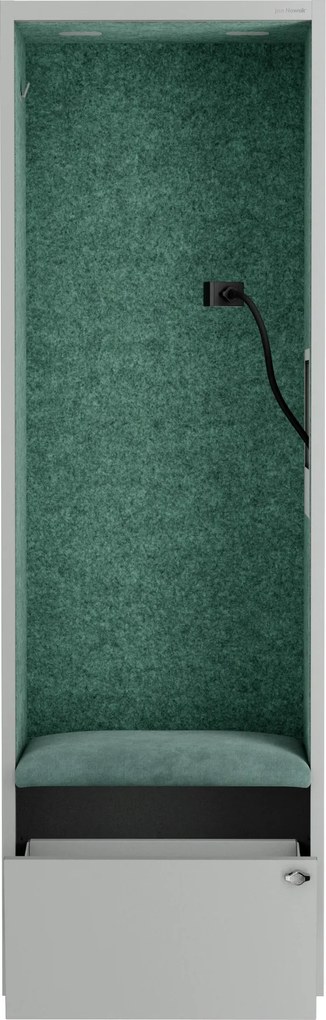 Kancelárska akustická kabína so sedadlom a portom USB-C, telo v sivá farbe / sedadlo v zelenej farbe, 600 mm: SALLY MentalBox