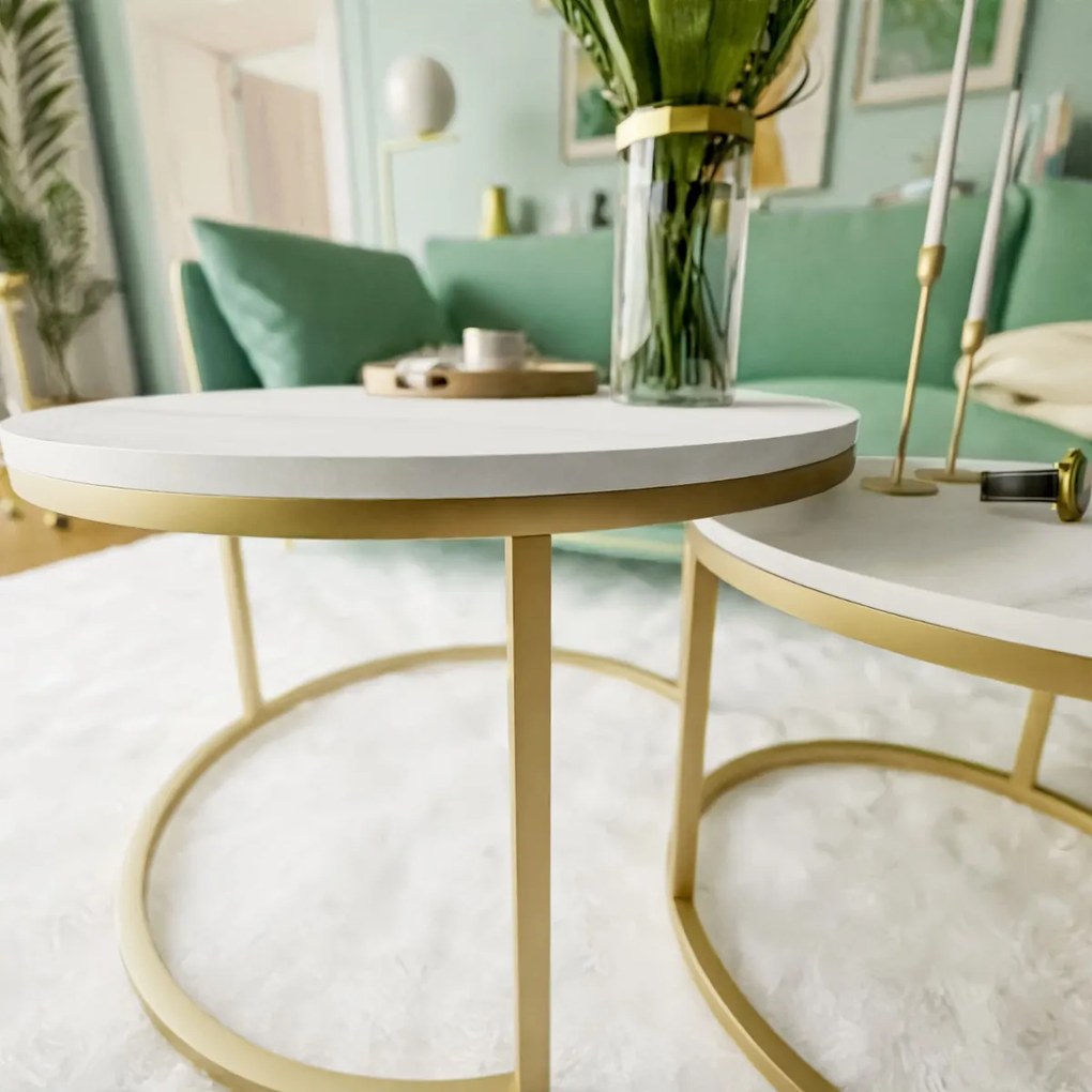 OKRÚHLY KONFERENČNÝ STOLÍK LEONARDO 2 v 1 BIELY MRAMOR + ZLATÝ PODSTAVEC