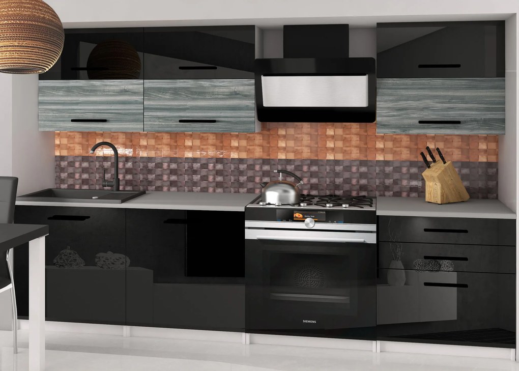 Kuchynská linka Belini 180 cm čierny lesk / šedý antracit Glamour Wood s pracovnou doskou Primera2  INF PRIMERA2/2/WT/BGW1B/0/B1
