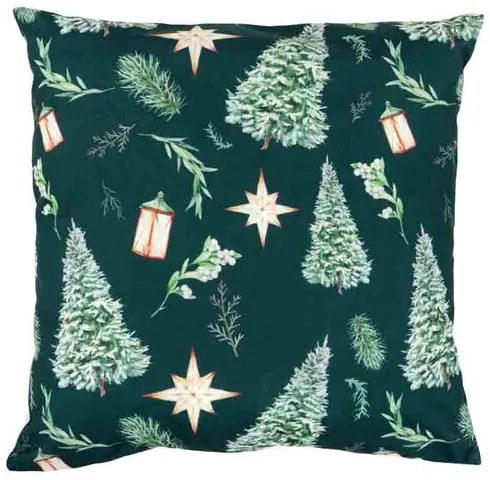 Vankúš s výplňou, zamat. Vianočný motív, stromček na zelenom podklade. 45x45 cm.