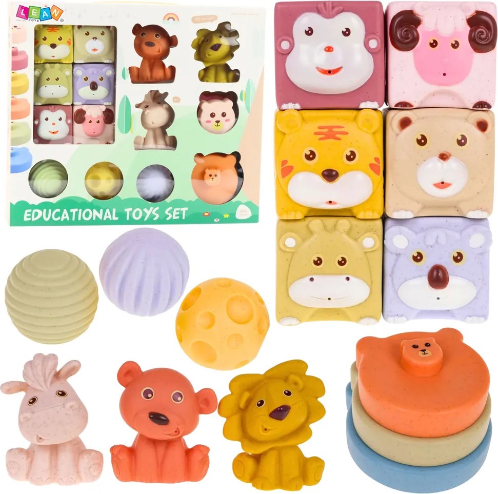 LEAN Toys Sada mäkkých senzorických vzdelávacích kociek EKO Gumové zvieratká 18 el.