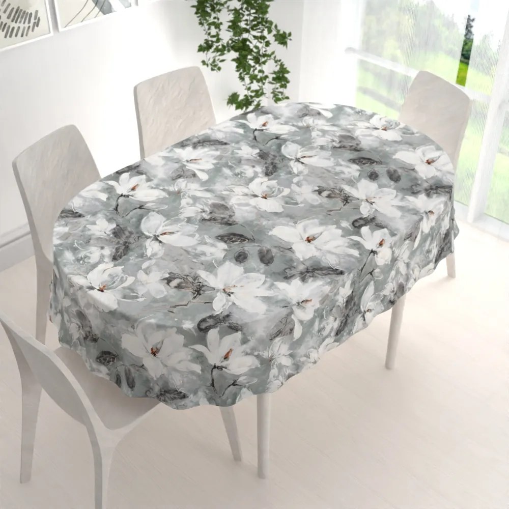 Biante Zamatový oválny obrus Tamara TMR-016 Designové kvetiny na sivozelenom 140x200 cm