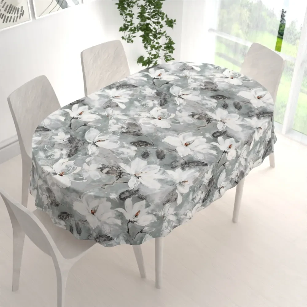Biante Zamatový oválny obrus Tamara TMR-016 Designové kvetiny na sivozelenom 140x220 cm