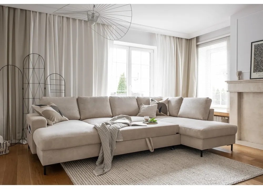 Béžová menčestrová rozkladacia rohová pohovka (pravý roh) Lofty Lilly – Miuform