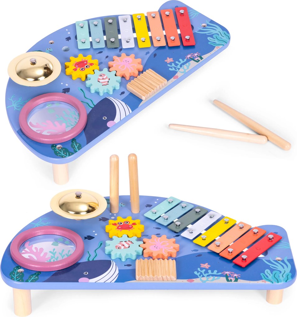 Drevený hudobný stolík s 4 nástrojmi pre deti (xylofón, bubon, tarka) – veľryba ECOTOYS