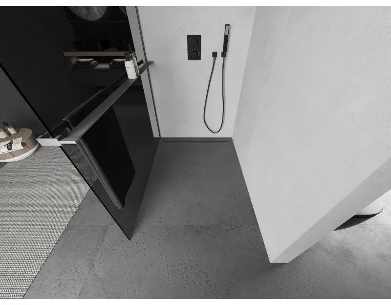 Mexen Kioto+, sprchová zástena Walk-In s poličkou a vešiakom 110 x 200 cm, 8mm šedé sklo, grafitový profil, 800-110-121-95-40