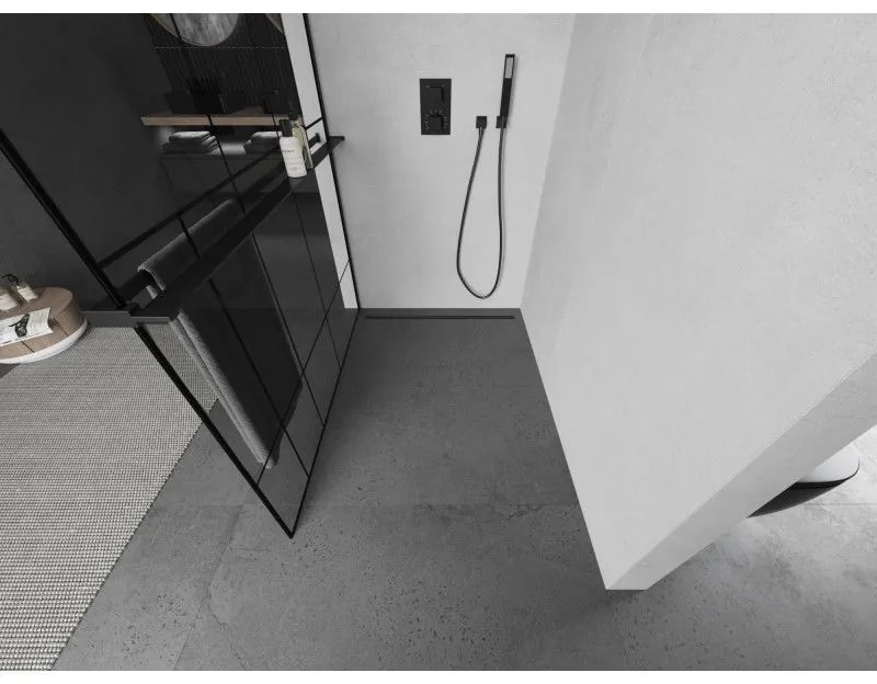 Mexen Kioto+ L, sprchová zástena Walk-In s poličkou a vešiakom 120 x 200 cm, 8mm číre sklo čierny vzor, čierny profil, 800-120-123-70-78