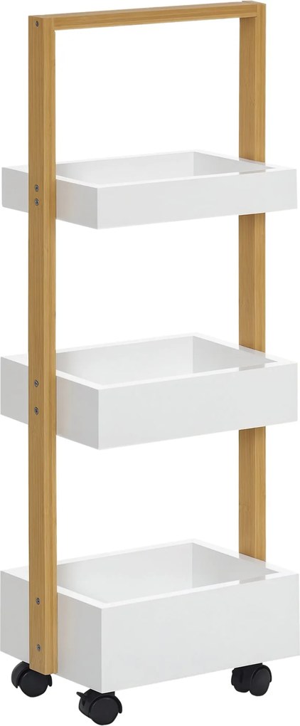 HOMCOM Bambusový Úložný Vozík s Kolesami, Kuchynský Vozík so 3 Košmi a Rukoväťou pre Obývaciu Izbu a Kúpeľňu 28x18x75 cm Biely a Prírodný | Aosom