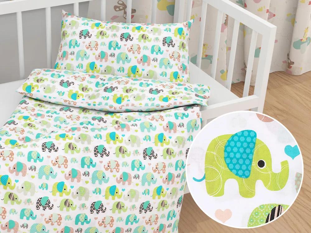 Biante Detské bavlnené posteľné obliečky do postieľky Sandra SA-035 Zelené sloníky na bielom Do postieľky 90x140 a 40x60 cm