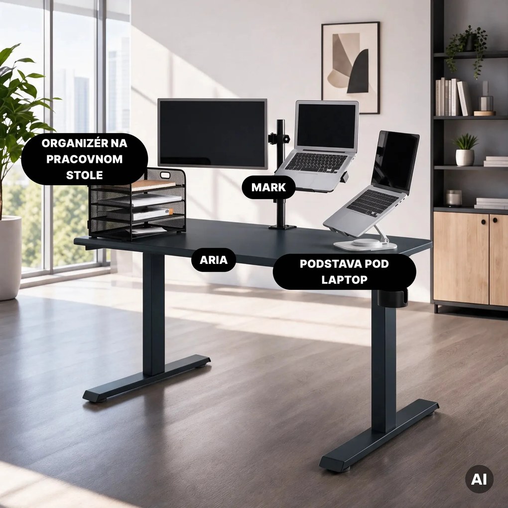 Elektrický stôl s nastavením výšky ergonomický antracitový,1200x600 mm: ARIA