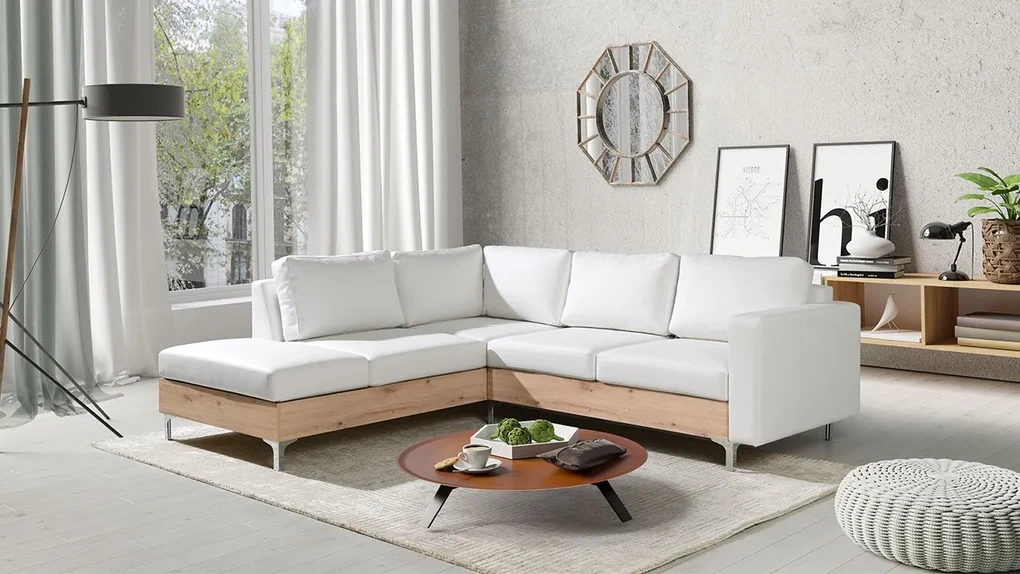 Rohová pohovka Hermes Wood, Farby: Avellino 118, Farby nožičiek: dub artisan, Strana: pravá