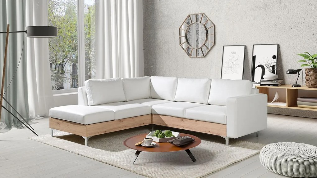 Rohová pohovka Hermes Wood, Farby: ekokoža Soft 011 (čierna), Farby nožičiek: dub artisan, Strana: ľavá