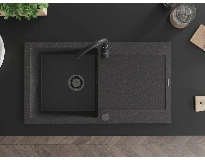Mexen Leo, drez granitový 900x500x190 mm, 1-komorový a čierna batéria Telma, čierna škvrnitá, 6501-76-670200-70-B