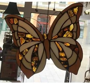 Suncatcher MOTÝĽ vitráž panel Tiffany štýl 32*28 kolekcia AMBER