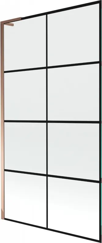 Mexen Next L, 1-krídlová vaňová zástena 100 x 150 cm, 6mm číre sklo-čierny vzor, ružové zlato profil, 895-100-000-03-77-60