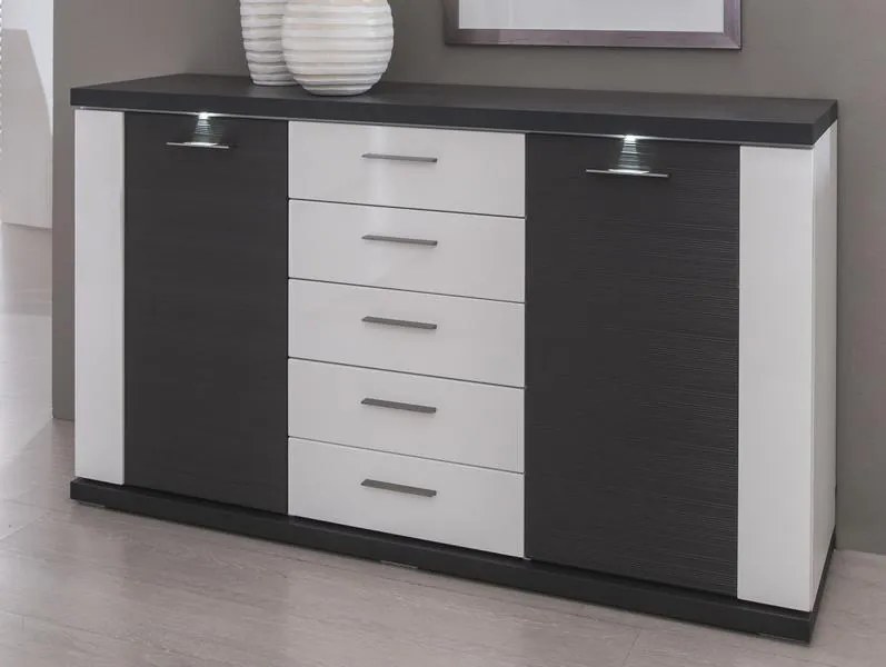 Široká komoda Caracas typ 21, grafit/biely lesk, s osvetlením